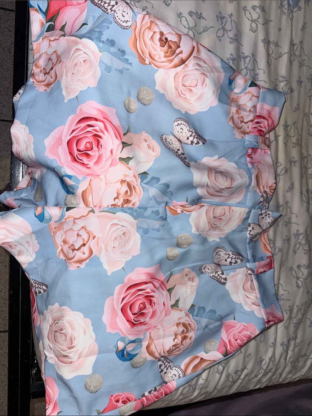 Blue Satin Floral Shorts with Pink Rose & Butterfly Print